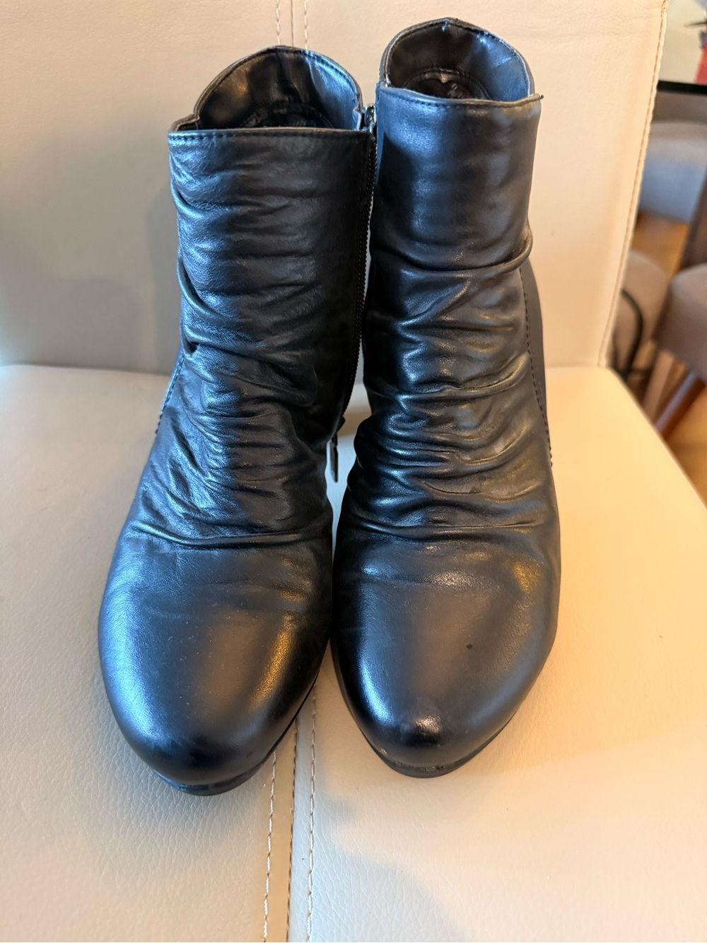 College Black Leather Ruched Ankle Booties with Side Zip